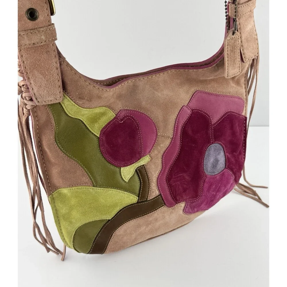 2004 COACH POPPIES SUEDE LEATHER HIPPIE BAG PINK SHOULDER CROSS BODY HOBO